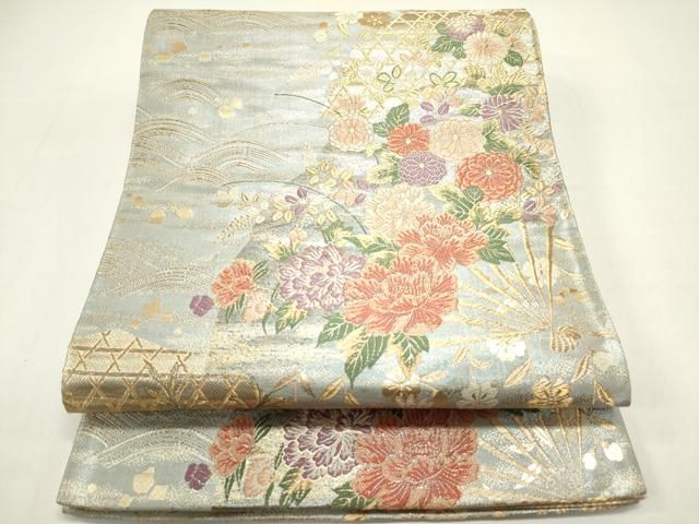 2929出品 平和屋着物◎六通柄袋帯 唐織 扇面蛇籠花文 金糸 正絹 逸品 DAAZ1866xg