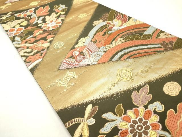平和屋着物◎六通柄袋帯 唐織 宝尽くし花鳥文 金糸 正絹 逸品