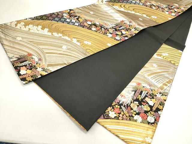 平和屋着物◎六通柄袋帯 唐織 流水飛鶴花文 黒地 金銀糸 正絹 逸品