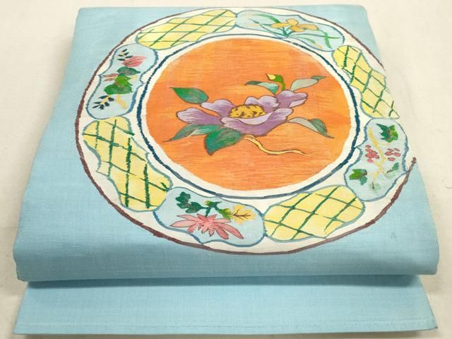 平和屋着物◎太鼓柄袋帯 すくい織 花絵皿文 正絹 逸品 DAAZ1908xg