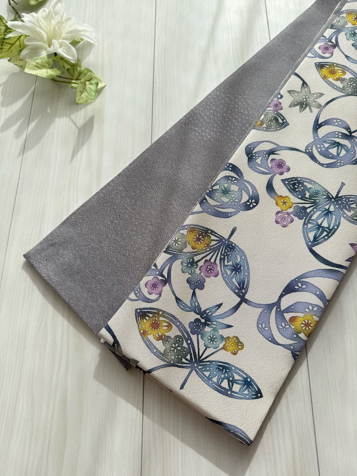 280号 半幅帯 京紅型 丹後ちりめん 江戸小紋 紫グレー 正絹 リバーシブル 受注制作品 発送まで1〜4週間