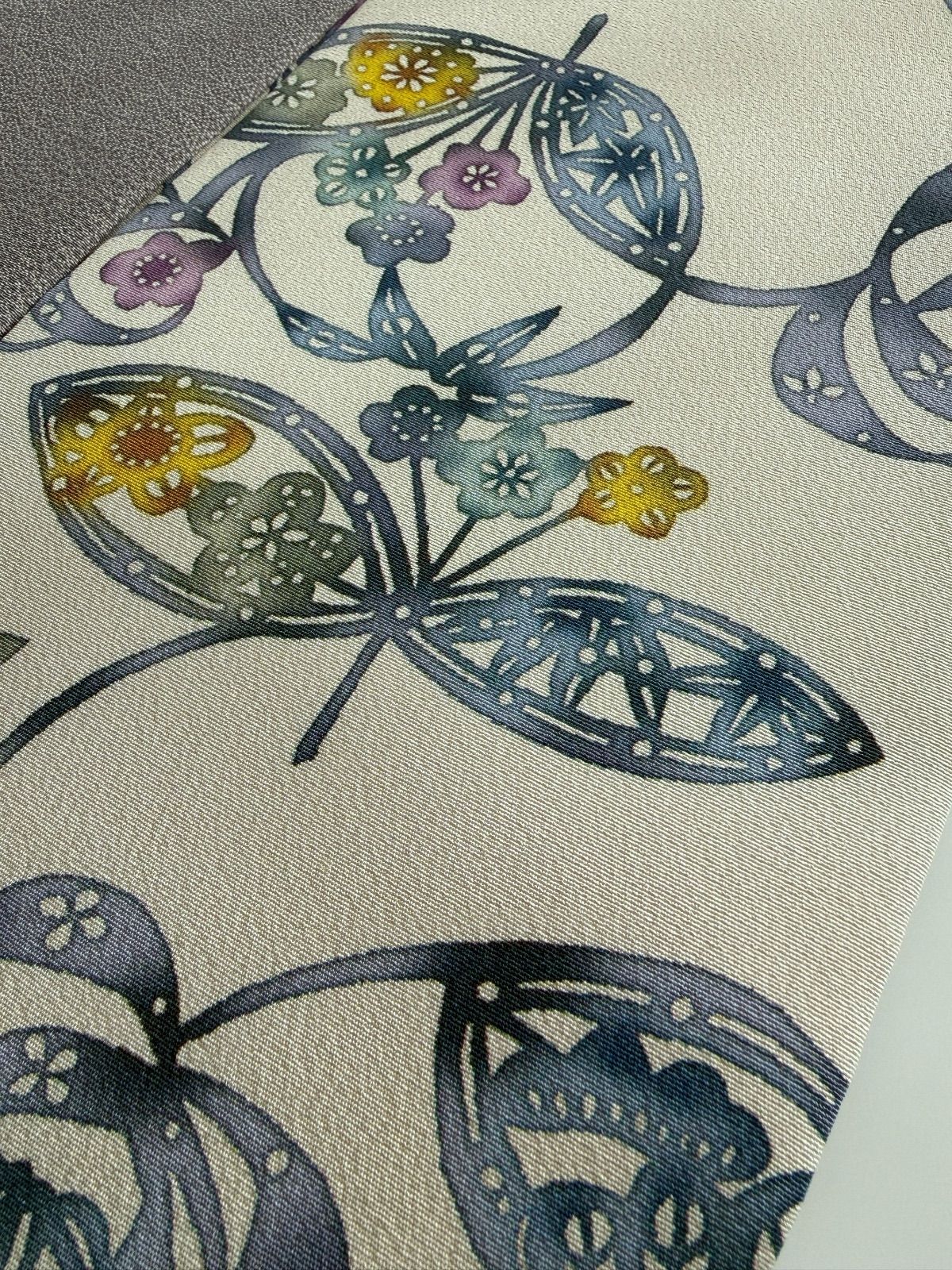 280号 半幅帯 京紅型 丹後ちりめん 江戸小紋 紫グレー 正絹 リバーシブル 受注制作品 発送まで1〜4週間 ロンT くすみカラー