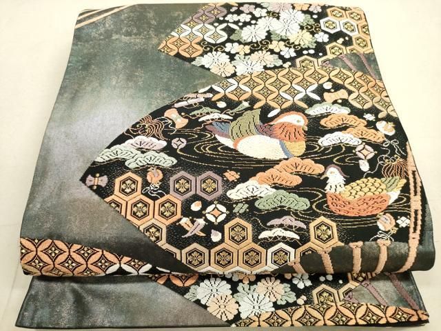 平和屋着物●西陣　吉啓織物謹製　六通柄袋帯　唐織　草木染　新小石丸　七宝花文　証紙付き　正絹　逸品　CABA1046hy 平和屋着物◎西陣 小森織物謹製 六通柄袋帯 唐織 扇面鴛鴦花文 黒地