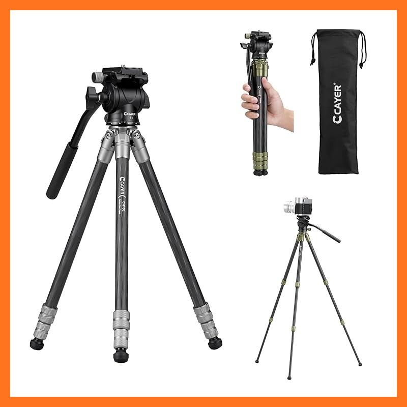 Cayer 三脚 カーボン三脚 ビデオ三脚 CH 10 LS 1 フルードヘッド 雲台 ケース スマホホルダー 水準器 付属 トラベル 動画撮影 スマホ撮影 軽量 小型 コンパクト グレー VCAYER