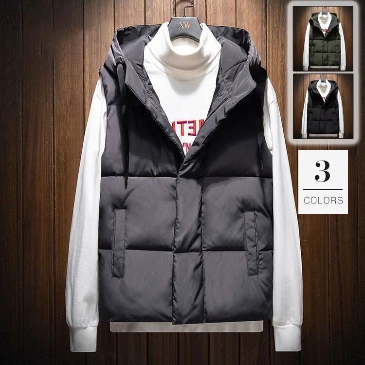 ダウンベスト メンズ ライト 保温 防風 フード付き 軽量 カップル 中綿