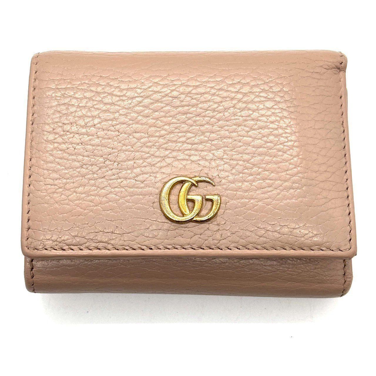 やさしいのに 幼くない GUCCI GGマーモント 三つ折り財布 コンパクトウォレット GGロゴ レザー グッチ ピンクベージュ