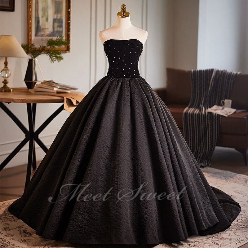 2026 カラードレス ブラック ベアトップ 演奏会 発表会 二次会 花嫁 ウエディングドレス コンクール 大人 ウェディングドレス プリンセスライン 編み上げ ロングドレス 前撮りドレス イブニングドレス イベント Aラインドレス プリンセスドレス