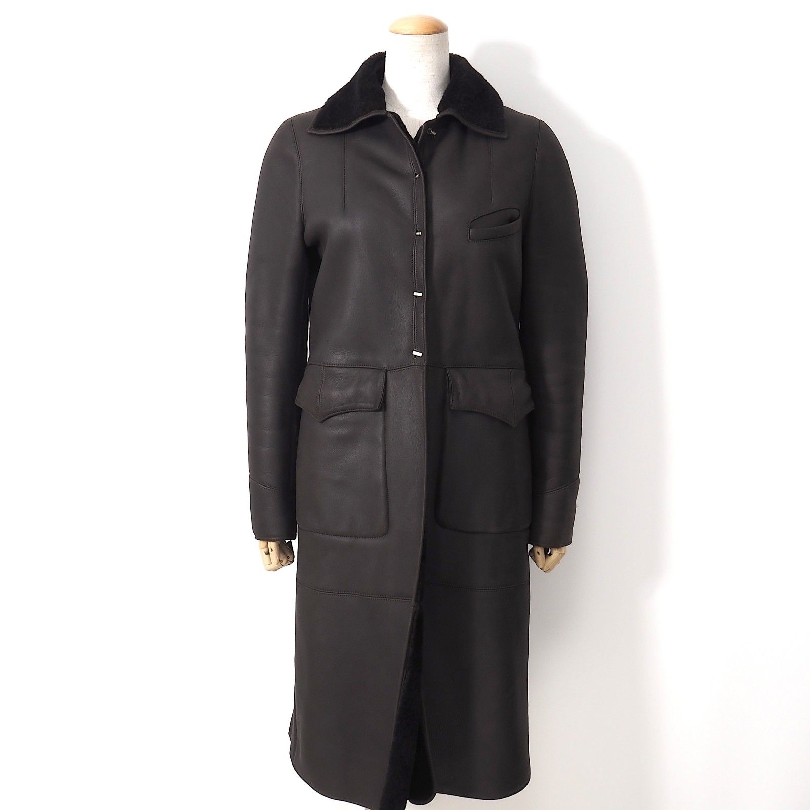 フェンディ FENDI ラムレザー ムートン コート 40 ダークブラウン