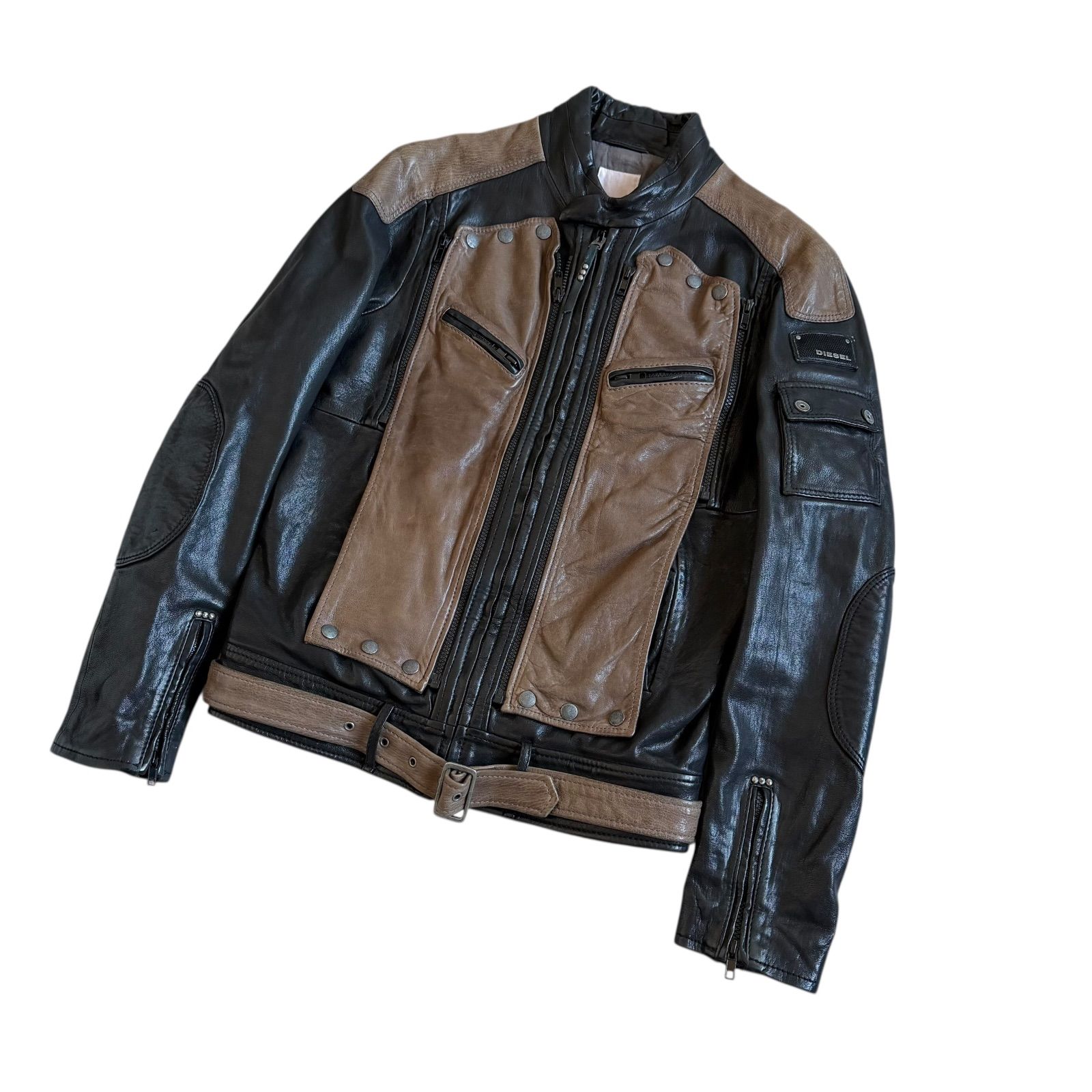 DIESEL / ディーゼル バイカラー ラムレザージャケット ブラウン 