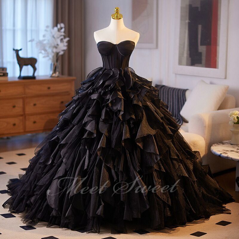 カラードレス ブラック オーガンジー フリル プリンセスライン ロングドレス 編み上げ 演奏会 発表会 コンサート 花嫁 二次会 2026