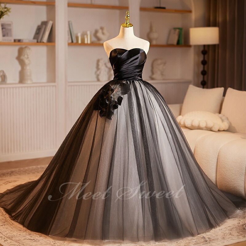 カラードレス ブラック ベアトップ プリンセスライン ロングドレス 編み上げ 演奏会 発表会 コンクール 花嫁 二次会 大人 2026