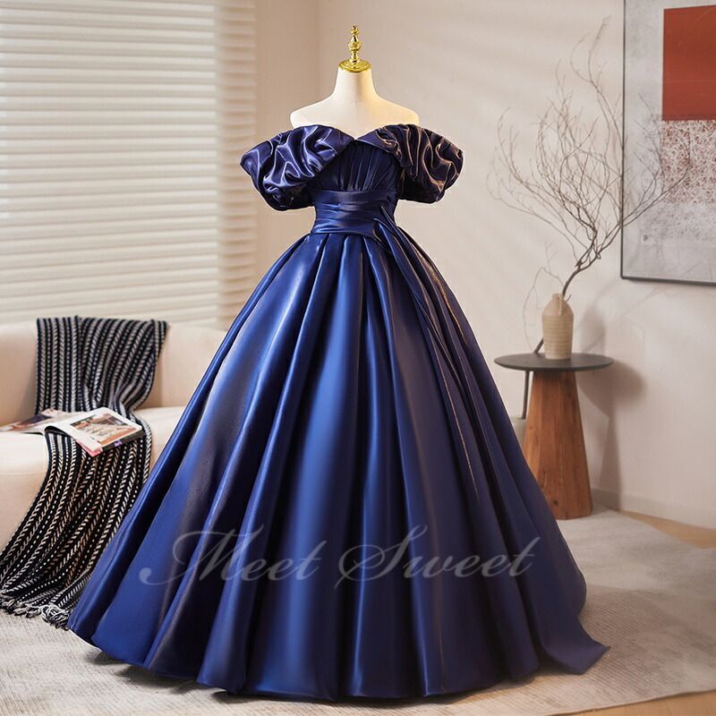カラードレス サテン 紺色 オフショルダー プリンセスライン ロングドレス 編み上げ 演奏会 発表会 コンクール 花嫁 大人
