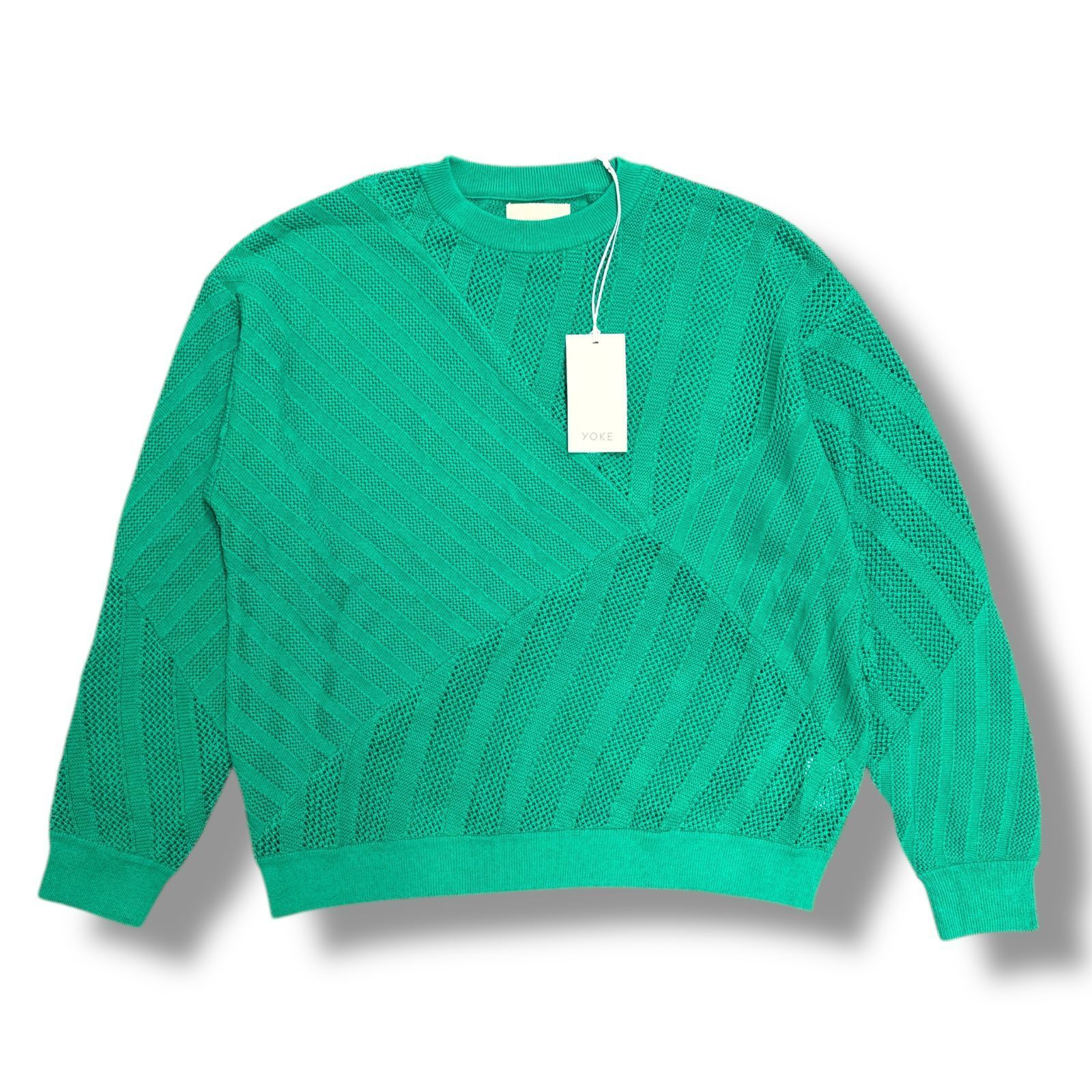 参考上代46200円 ♥ YOKE 24 SS COTTON MESH STRIPE SWEATER コットンメッシュストライプクルーネックセーター ニット ヨーク グリーン 3 81441 A 5