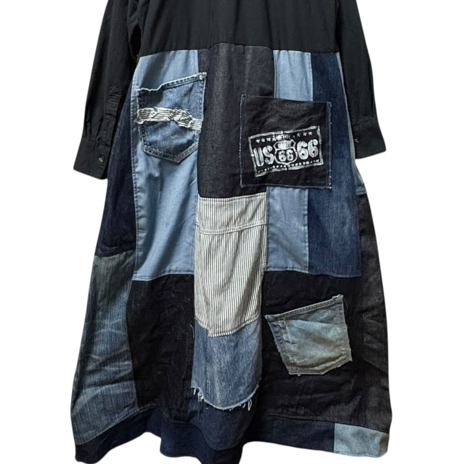 ブラックシャツ｜デニムパッチワークスカート｜ドッキングワンピース