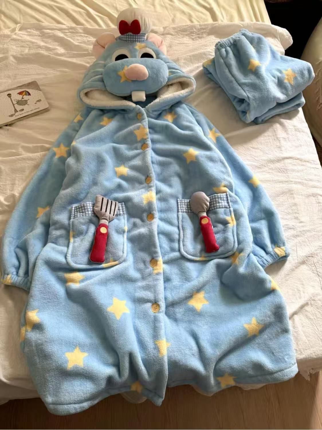 星柄 マウスシェフ もこもこ ルームウェア セット フランネル 冬用 レディース ガウン パンツ