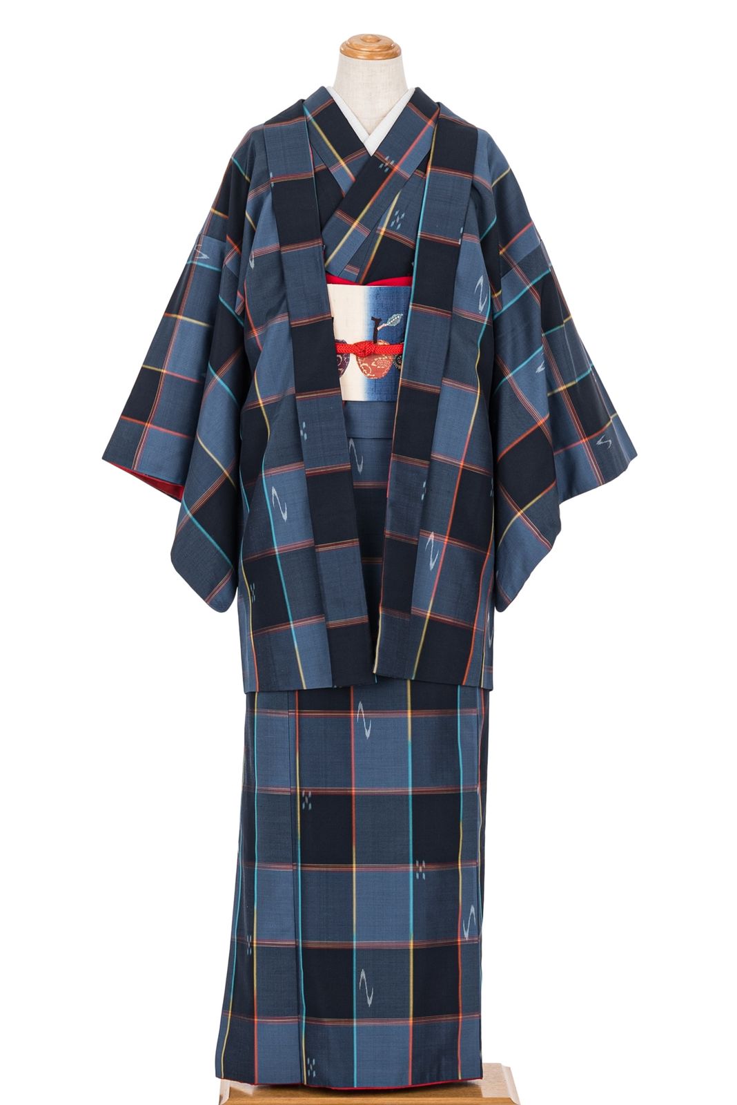 紬 アンサンブル 格子に絣柄 ゆったりサイズ