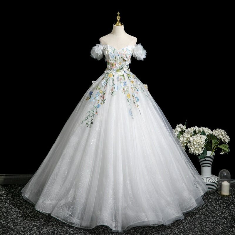 カラードレス ホワイト フラワー オフショルダー プリンセスライン ロングドレス 編み上げ 演奏会 発表会 花嫁 二次会