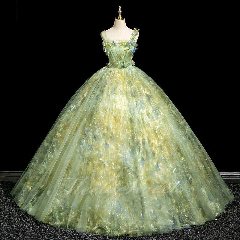 ラードレス ライトグリーン ノースリーブ フラワー 演奏会 発表会 二次会 花嫁 ウエディングドレス コンクール 妖精 ウェディングドレス プリンセスライン 編み上げ 前撮りドレス イブニングドレス ファンタジック イベント プリンセスドレス