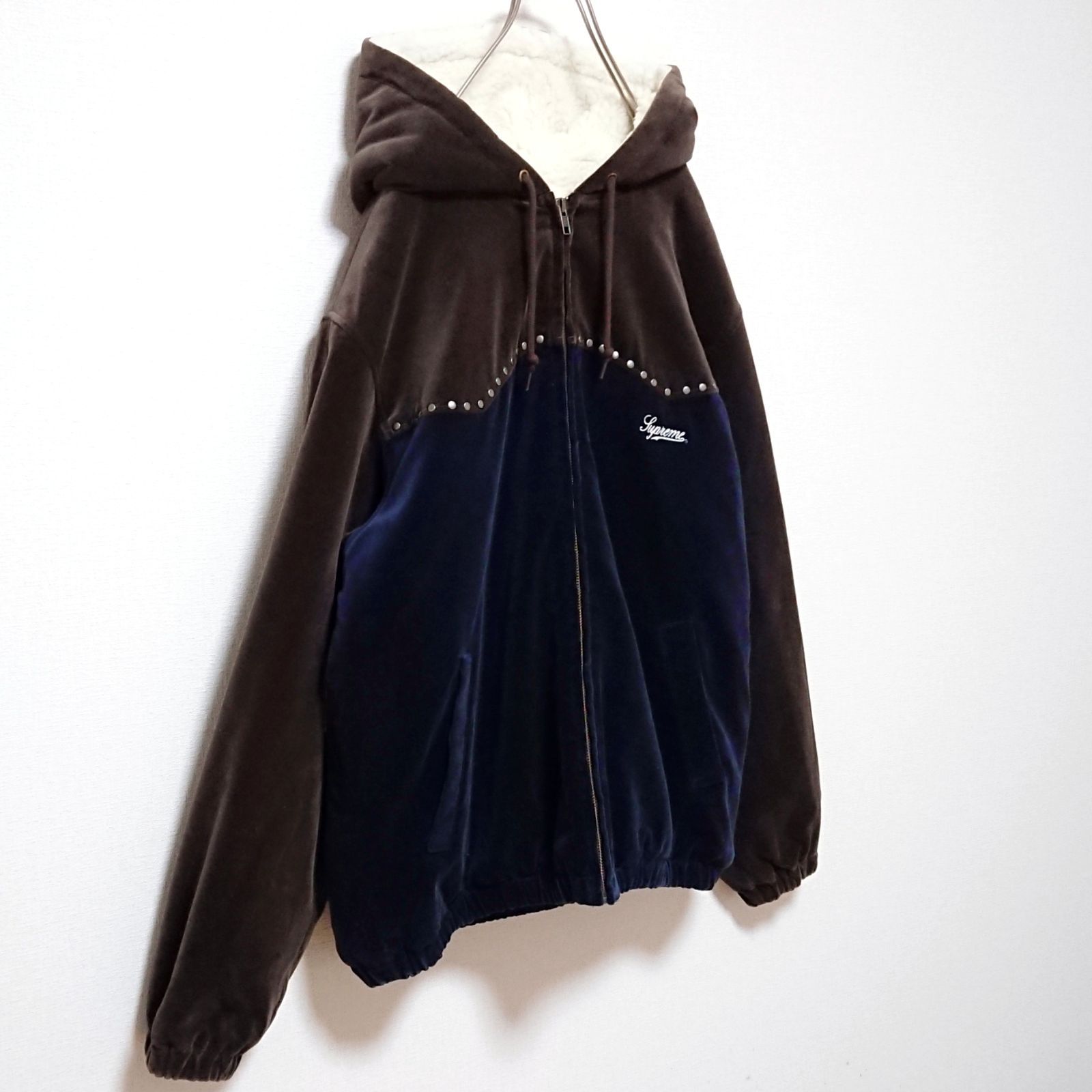 希少 シュプリーム 刺繍 ロゴ スタッズ 裏ボア ジップ ベロア