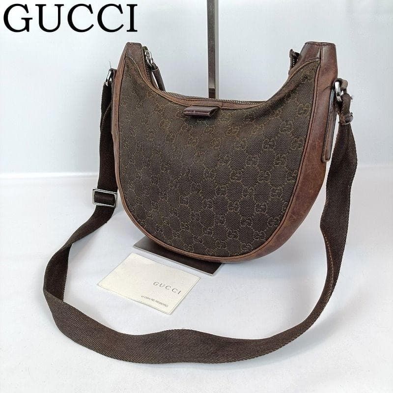 値下げ グッチ ショルダーバッグ GGキャンバス ハーフムーン レザー ブラウン グッチ レザー ショルダーバッグ ダークブラウン