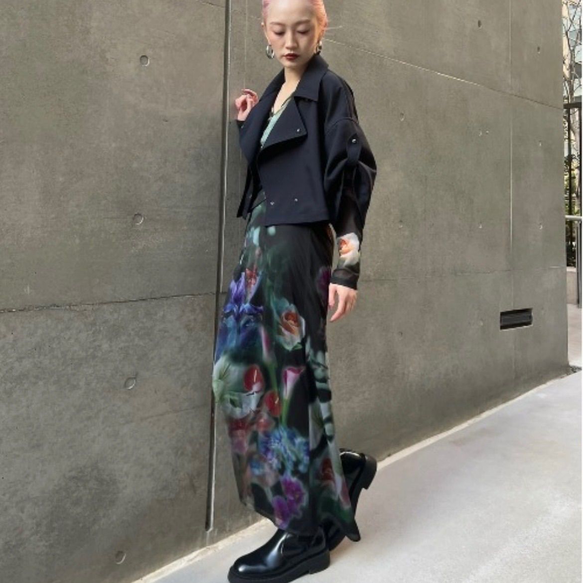 Ameri アメリ SMOKE FLOWER SHEER TIGHT SKIRT