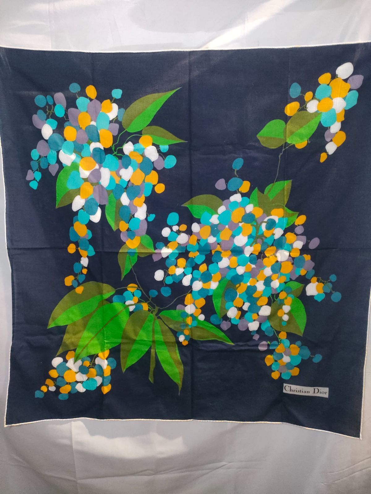  ⑱ ChristianDior クリスチャンディオール 大判 スカーフ 紺 ネイビー アンティーク 骨董 花柄 ブランド 年代物 オールド JAPAN バンダナ スカーフ 小物