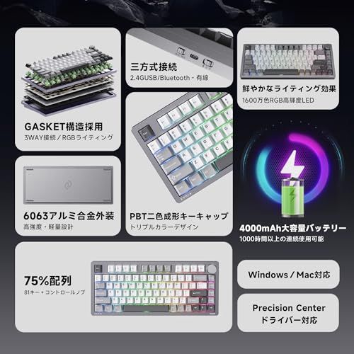 PHILIPS SPK 8618 ゲーミングメカニカルキーボード3モード接続 2 4 G BT 5 0 Type C 81キー75 配列Gasket構造?5層消音??震設計CNCアルミボディ Nanoコーティングメカニカルキーボ aead 001 大皿 密閉容器