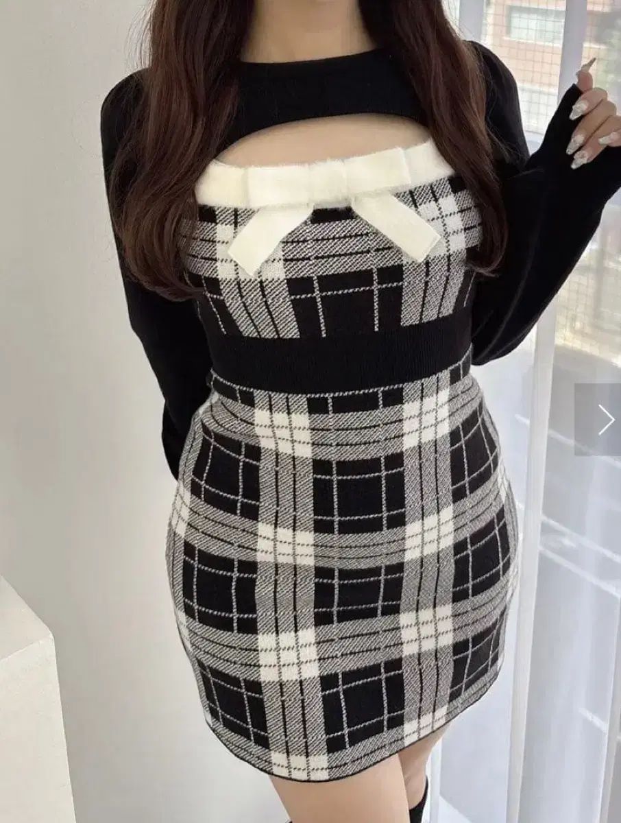 EBLIN エブリン バストリボンチェックニット ONE PIECE ブラック スナ系Girl