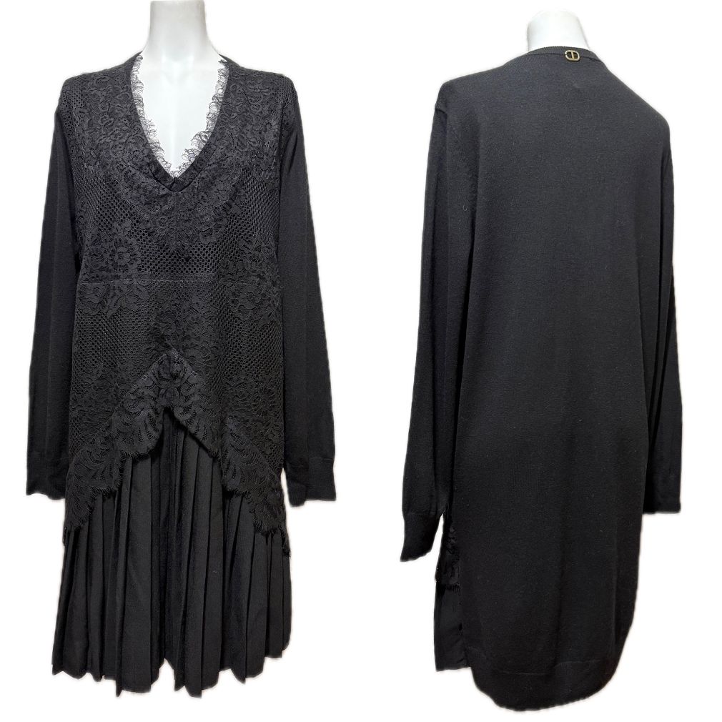 ツインセットTWIN SETレース プリーツ切替ニットワンピース黒XS