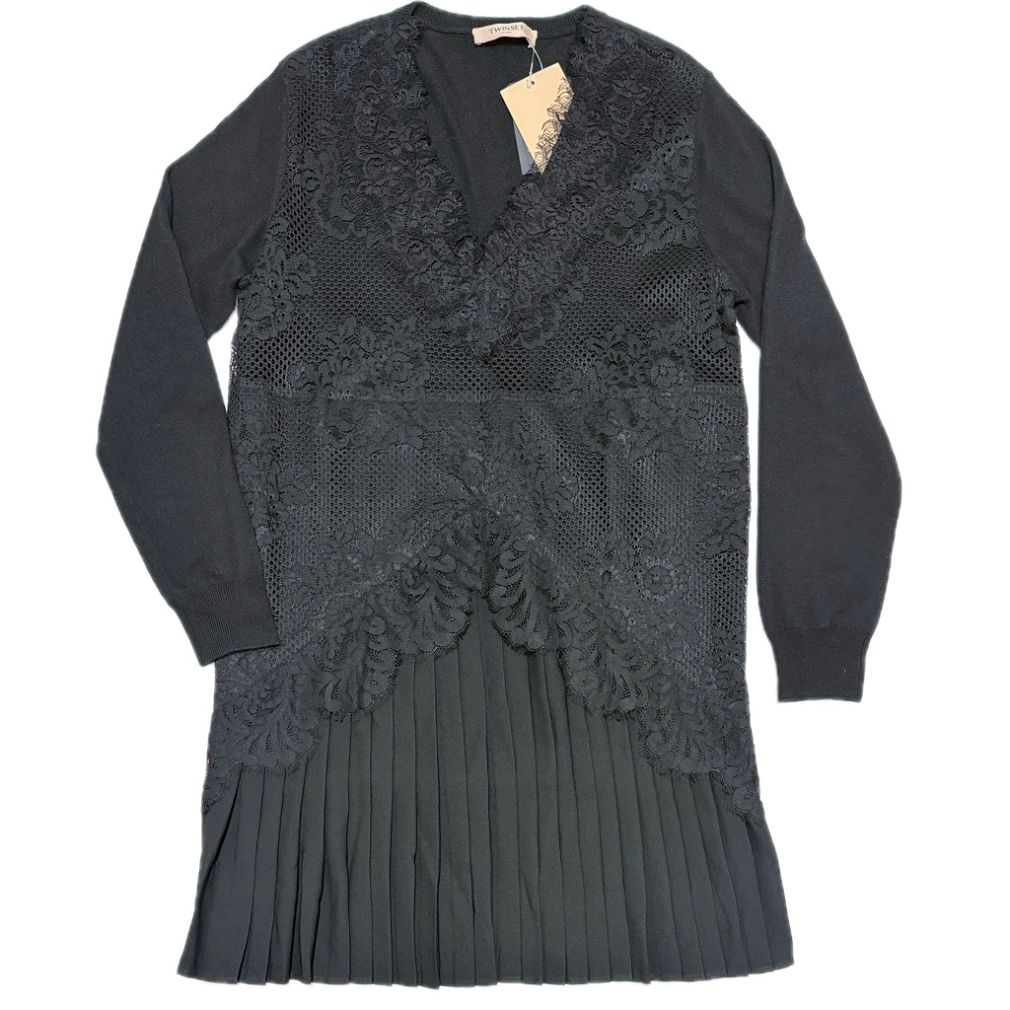 ツインセットTWIN SETレース プリーツ切替ニットワンピース黒XS