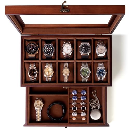 JoyHood 腕時計ケース 10本 2段式 木製時計収納ボックス 男性 女性 腕時計＆ジュエリー 収納ボックス 引き出しとアクリル蓋付き 小物整理プレゼント アクセサリー収納 399 cdabb