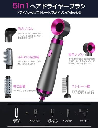 5 in 1 多機能 MUDKAGU ドライヤー 大風量 速乾 付属品5種 ヘアドライヤー カールドライヤー 3段階冷熱風量調節 くるくるドライヤー マイナスイオン 過熱防止機能 熱風ブラシ 恒温ヘアケア ストレート カーリーヘア ボリ