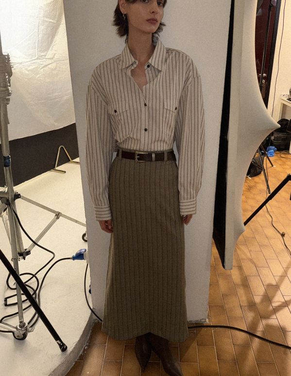 LMOOD エルムード バーティカル マキシ スカート ストライプ ブラウン 36 サイズ