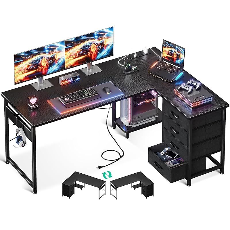 AODK ゲーミングデスク 引き出し付き パソコンデスク コンセント付き l字デスク デスク 机 幅135 100 pcデスク 棚付き desk 収納 オフィスデスク 仕事用 在宅勤務 組立簡単 ブラック 0