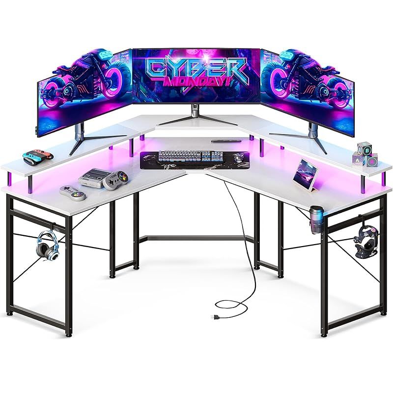 ODK ゲーミングデスク コンセント付き パソコンデスク 机 幅129 収納 desk 仕事用 l字デスク 在宅勤務 組立簡単 ホワイト 0