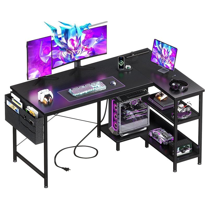 AODK ゲーミングデスク コンセント付き パソコンデスク 袋付き l字デスク 棚付き デスク 机 幅120 pcデスク desk 収納 オフィスデスク 在宅勤務 仕事用 組立簡単 ブラック 0