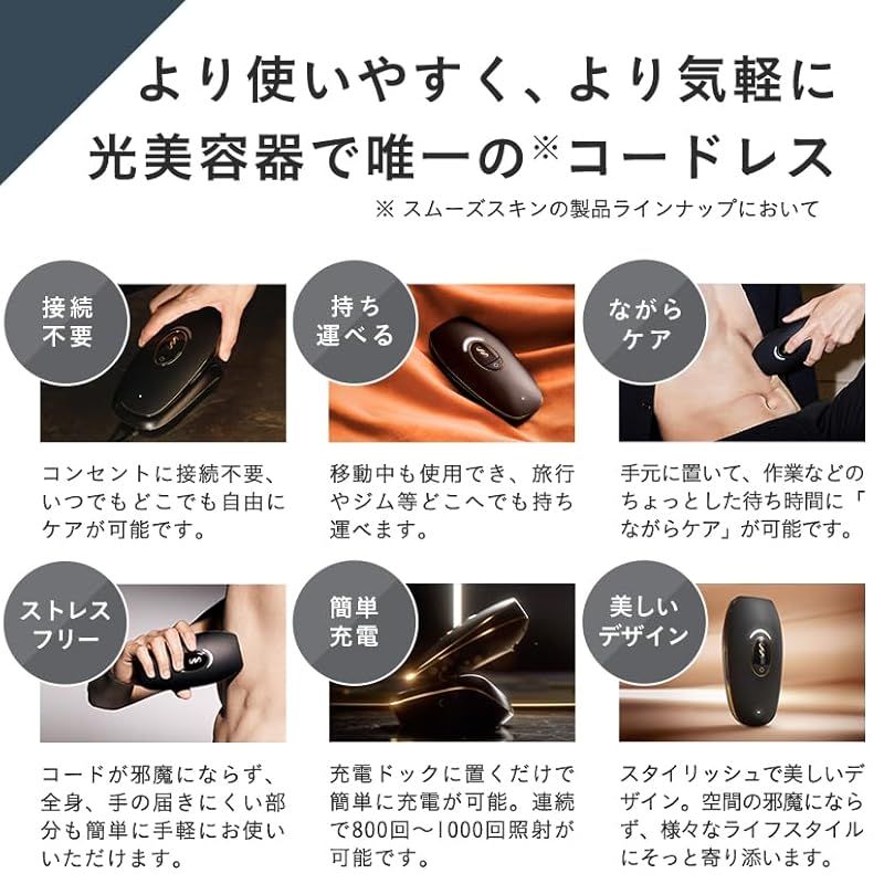 スムーズスキン pure unplugged 家庭用脱毛器 メンズ脱毛器 コードレス脱毛器 男性用 脱毛器 ヒゲ脱毛 ヒゲ脱毛器すね毛脱毛 ワキ脱毛 腕脱毛 胸脱毛 全身脱毛 家庭用 光美容器 10段階調整 ムダ毛処理 ピンポイント照射 100万発 1