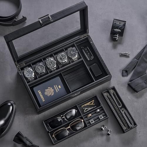 ProCase 腕時計ケース 2段式アクセサリーケース 5本 PU製 ウオッチボックス 内部調節可 男女兼用 収納ボックス アクセサリー 収納 ディスプレイ 小物整理 記念日プレゼント ブラック 8 fde 3378