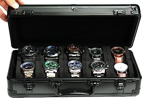 10スロットアルミニウム時計ケース ハードデラックス腕時計収納オーガナイザーボックス ソフトフォームパッド付き 最大55 mmのフェイスまでぴったりフィットします 5364 a 201