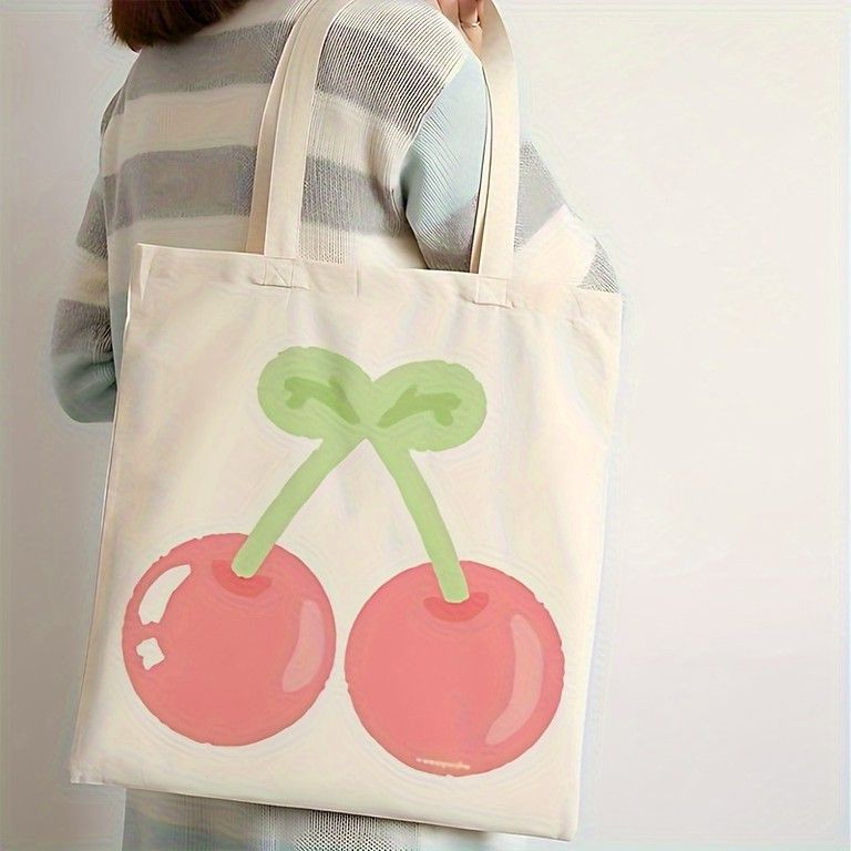丈夫なキャンバス地】チェリー柄トートバッグ エコバッグ A4対応 通勤