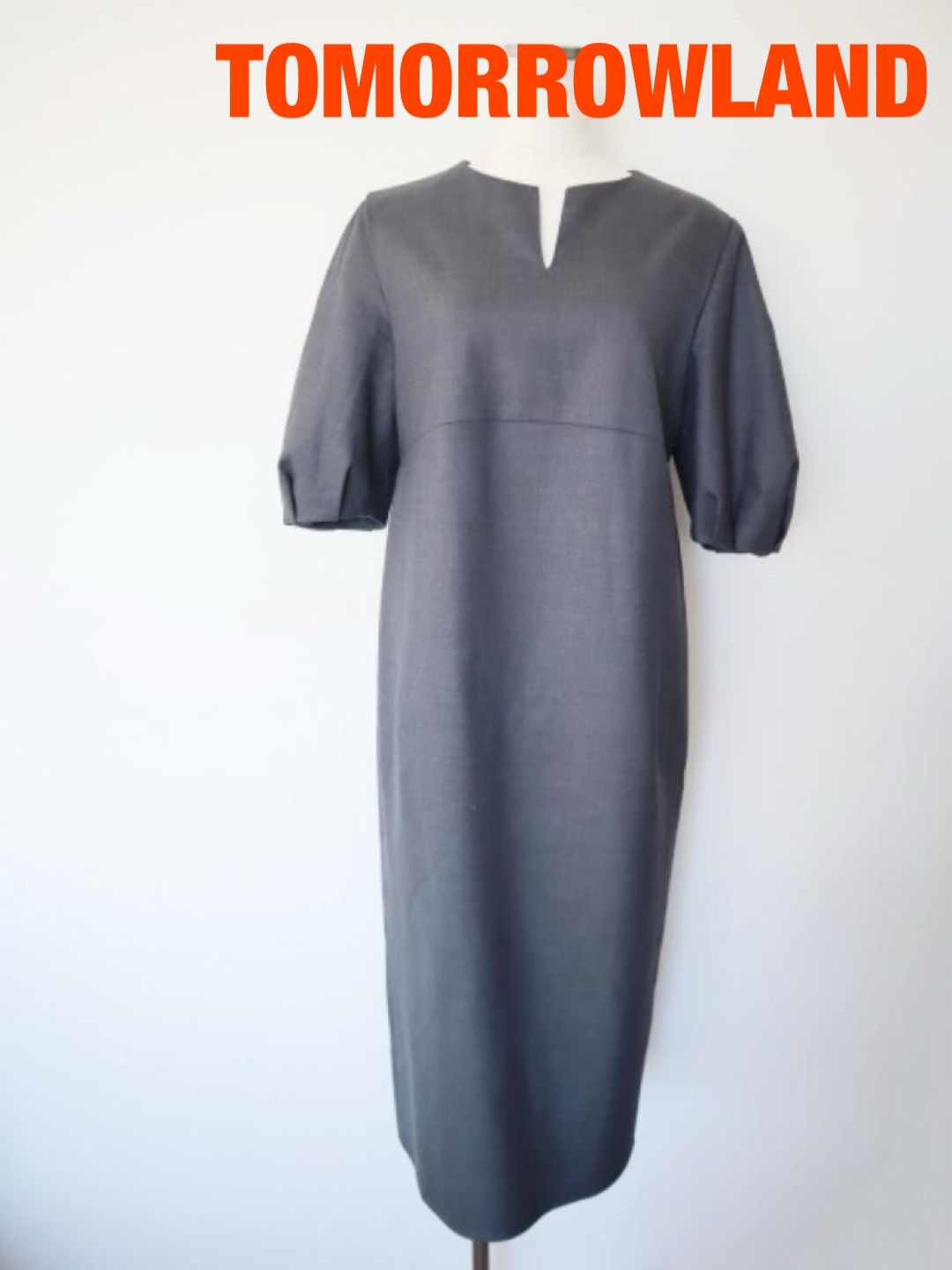 製 トゥモローランド スーパーウールウィーブハイウエストIラインワンピース 定価44000円 日本製 Mサイズ ３６ グレー ロング シンプル み 6461792