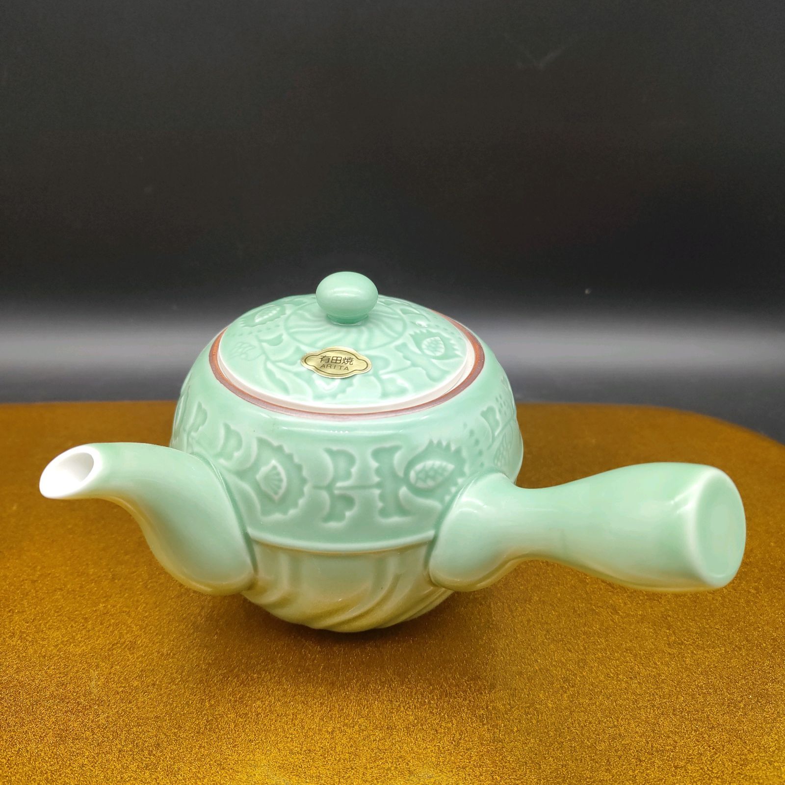 有田焼 茶器揃 原仙作 急須 湯呑 茶托 透かし彫 手描き グリーン