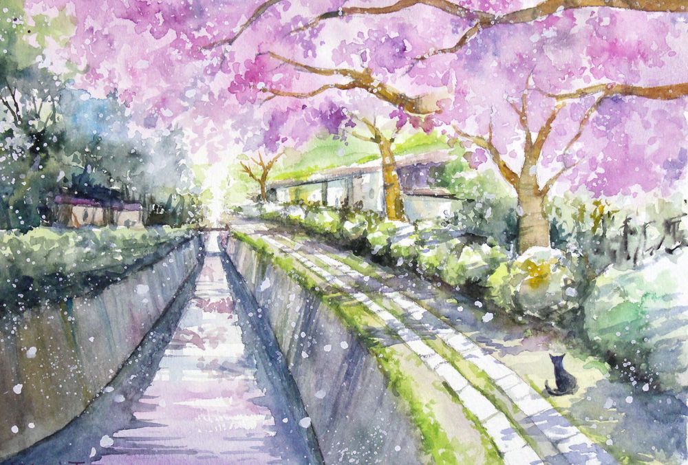 原画）京都「哲学の道」桜の風景 #2【SMサイズ／水彩画／#2963