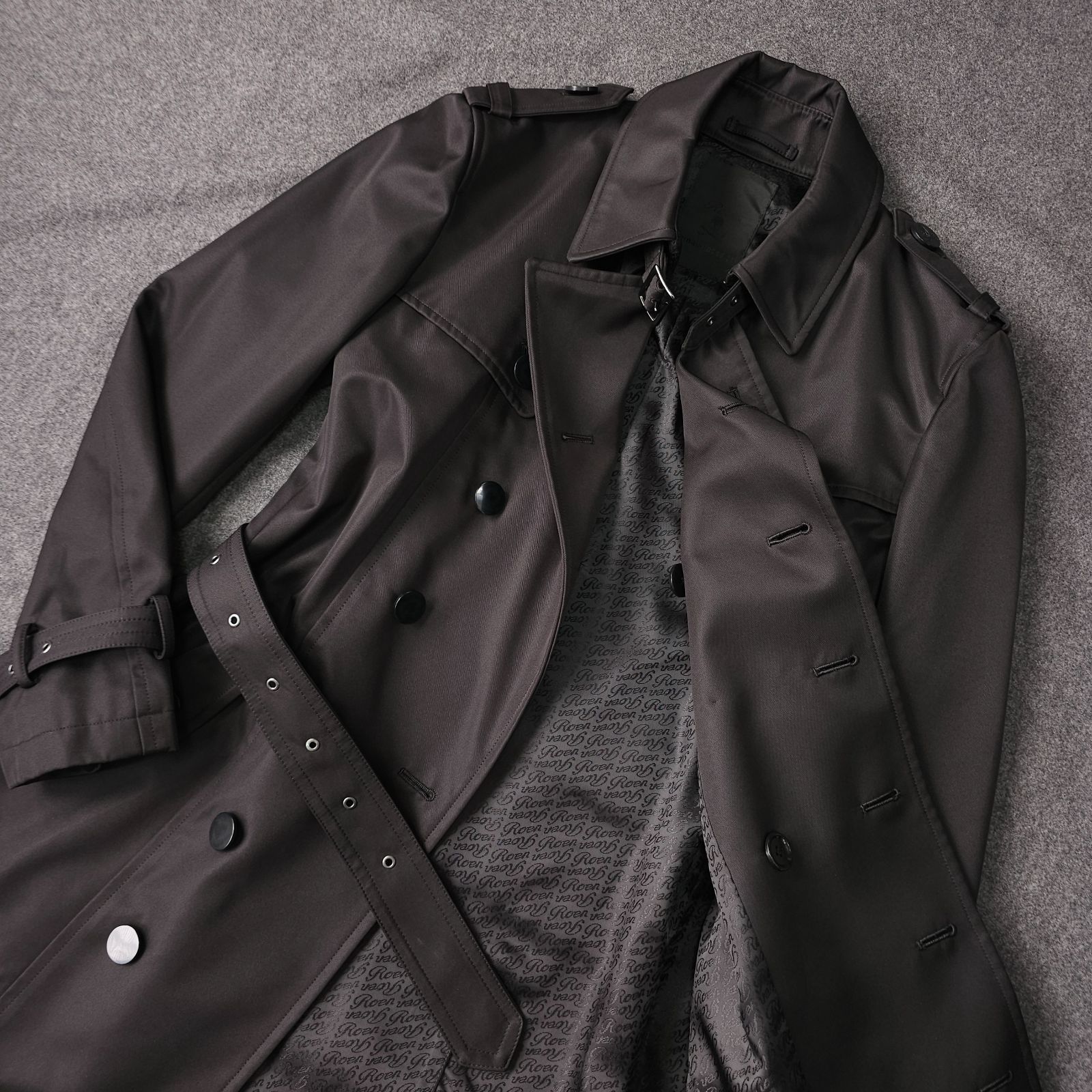 XLサイズ✨ロエン ウールコート ダブル 裏地総柄 スカル 鹿革 刺繍ボタン 黒 Roen ロエン 秋冬 2WAY ドクロボタン 裏地 ロゴ総柄 トレンチコート
