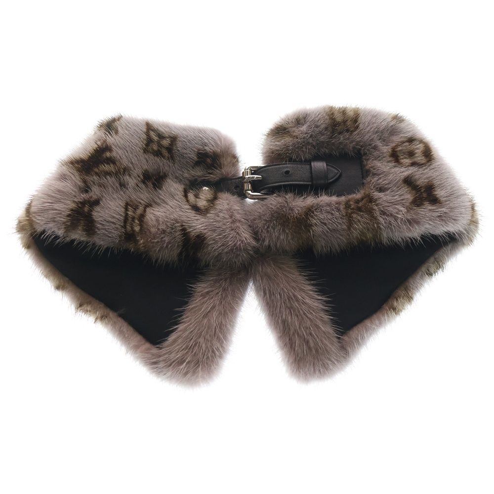 LOUIS VUITTON ルイヴィトン レザーベルト付き モノグラム ミンクファー ティペット つけ襟 グレー レディース