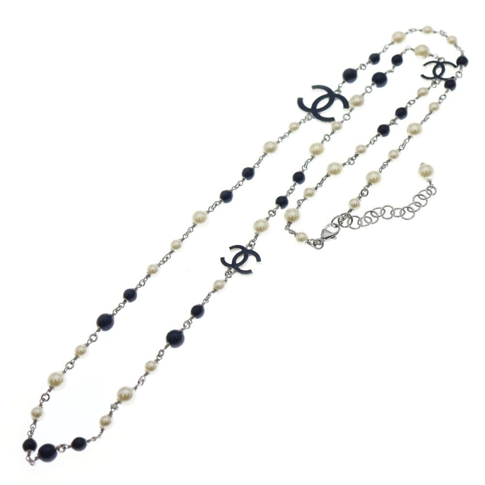 CHANEL シャネル ココマーク フェイクパールロングネックレス ペンダント チェーン ネイビー ホワイト シルバー金具