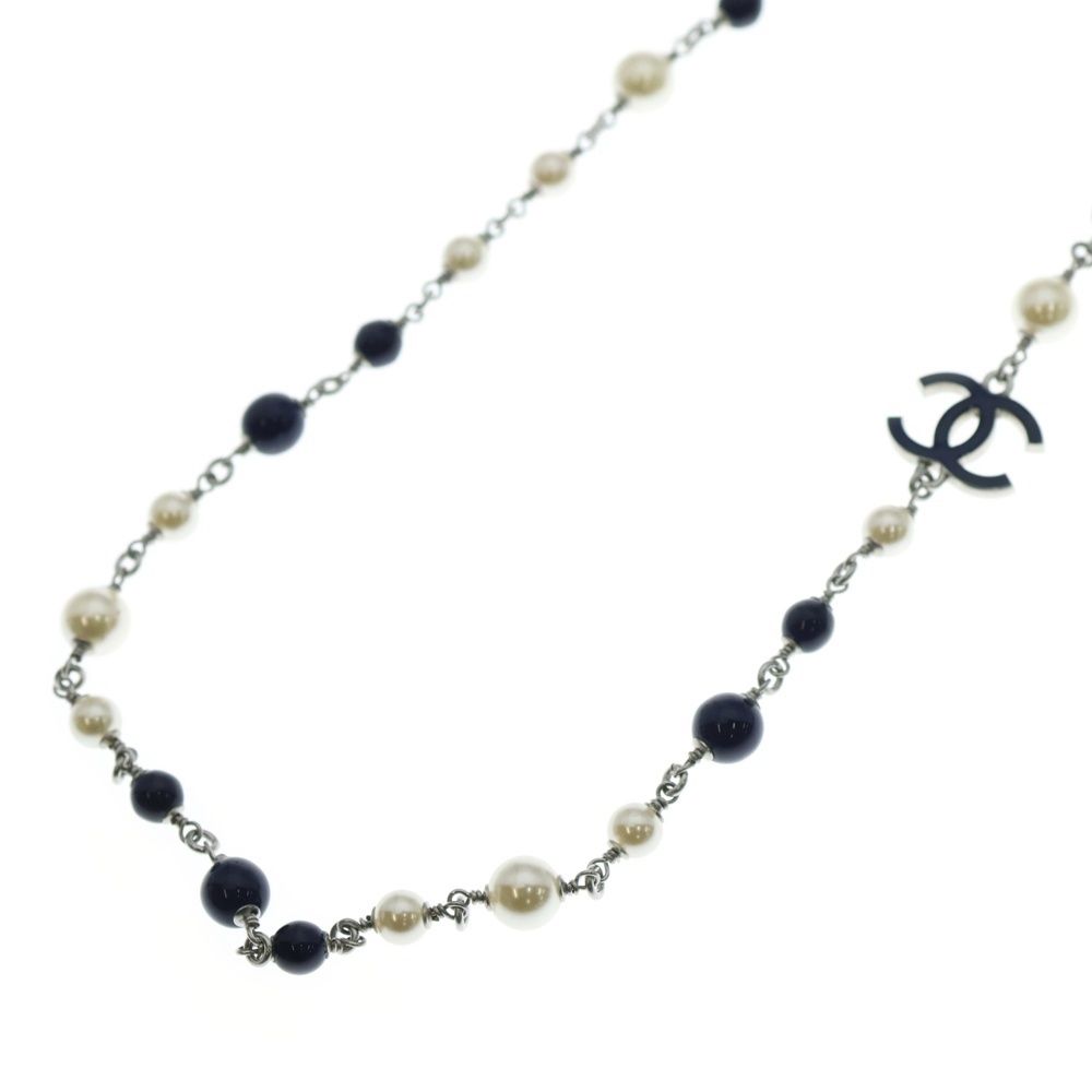 CHANEL シャネル ココマーク フェイクパールロングネックレス ペンダント チェーン ネイビー ホワイト シルバー金具