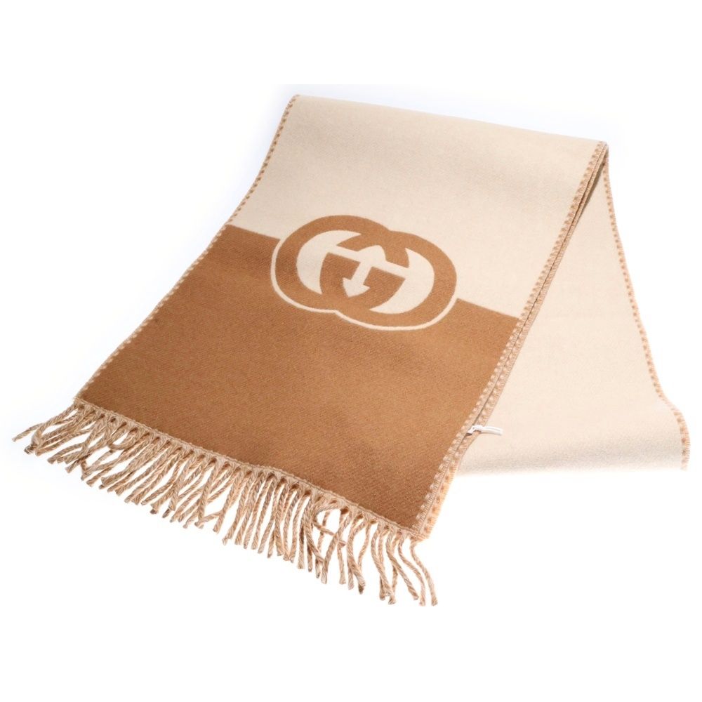 GUCCI グッチ インターロッキングG ウールカシミヤスカーフ マフラー ブラウン
