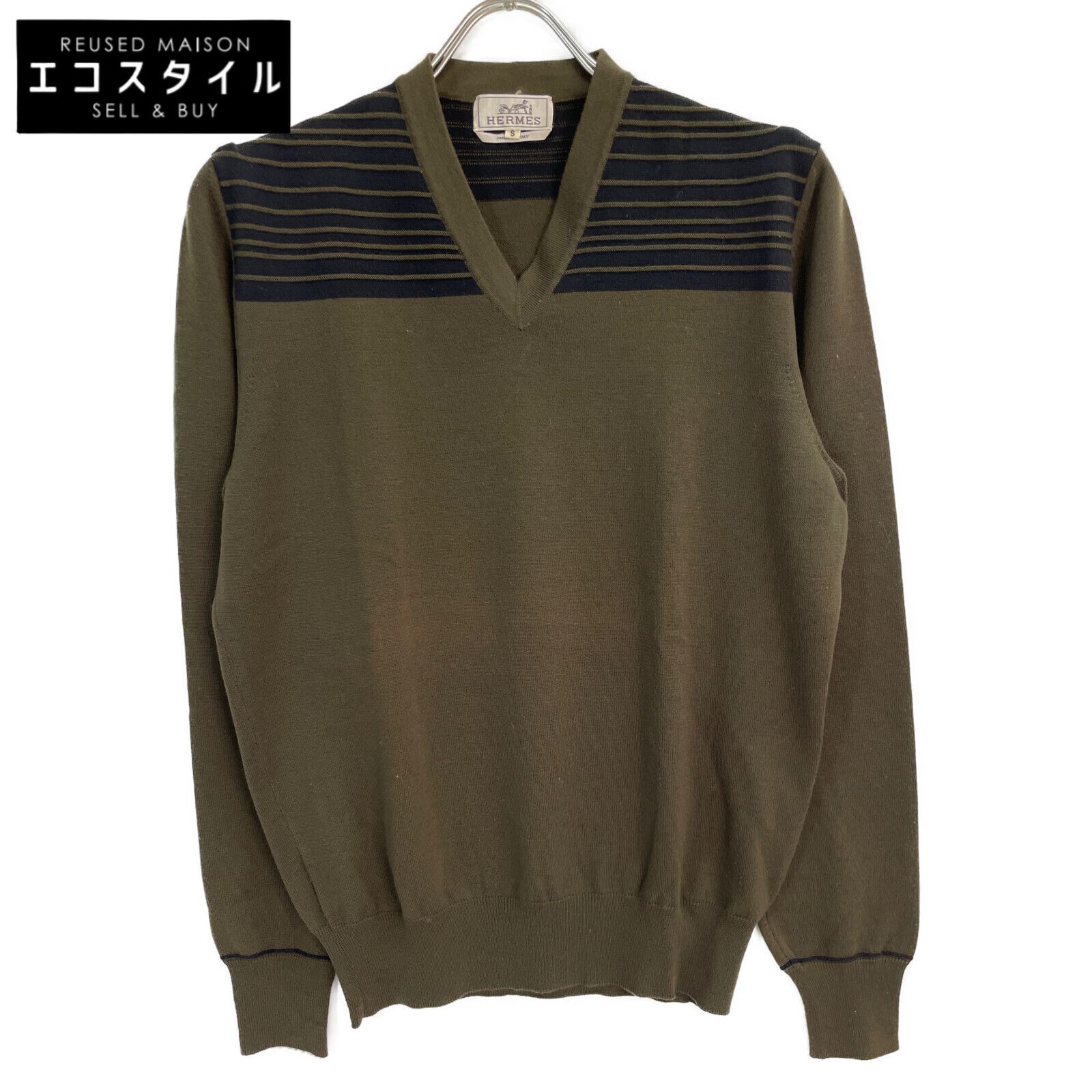 HERMES エルメス カーキ ショルダーボーダー Vネックセーター S