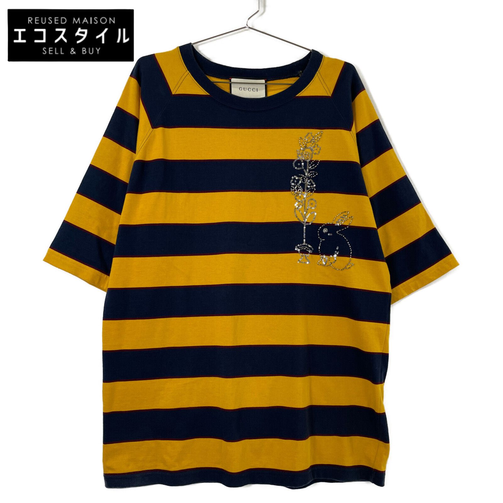 GUCCI グッチ イエロー 545869 ビジュースパンコール刺繍ボーダーオーバーサイズTシャツ S